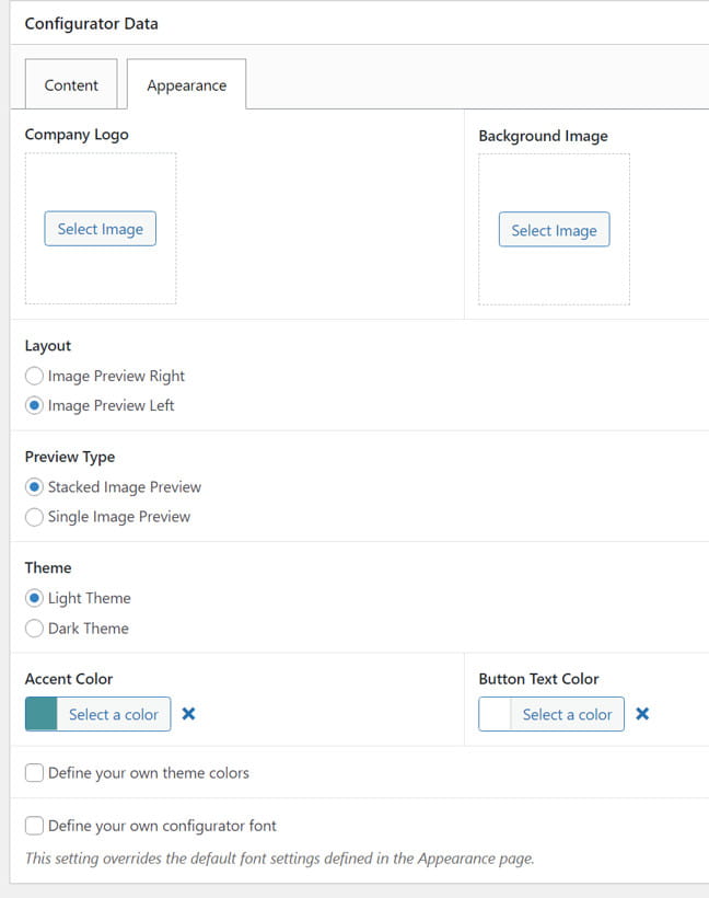 Staggs product configurator appearance customization.