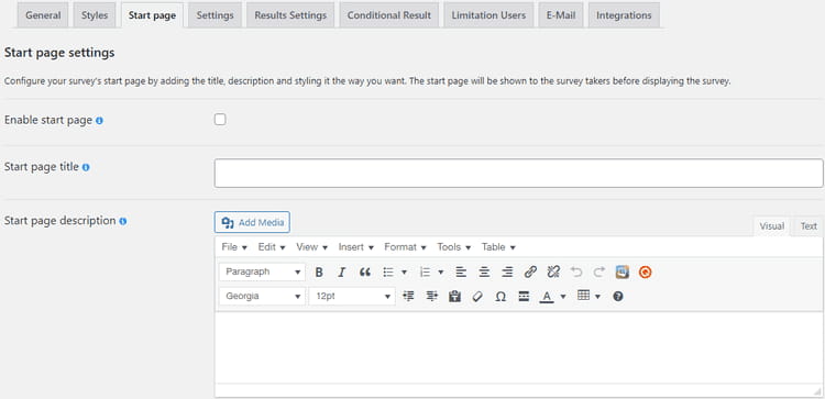Survey Maker start page tab section.
