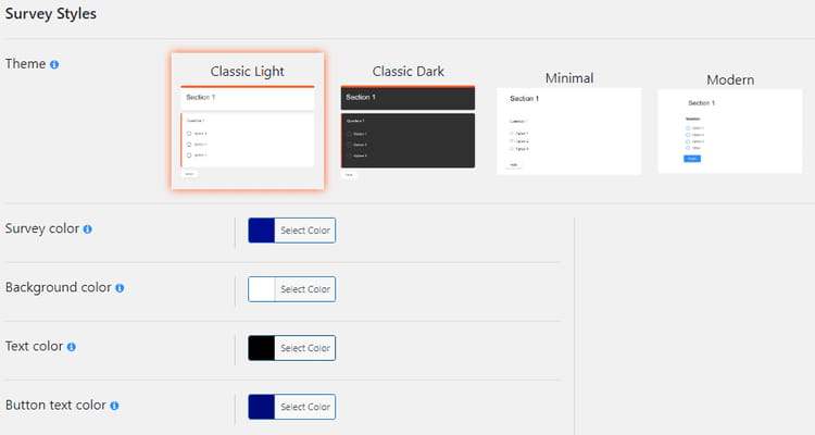 Survey Maker survey style settings.