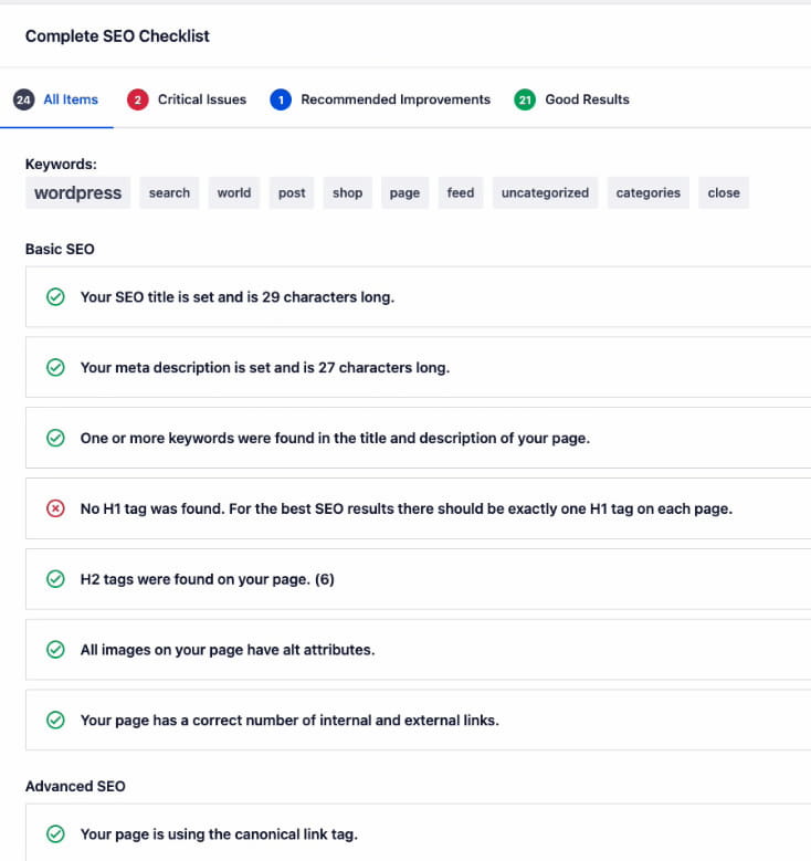 All In One SEO checklist.