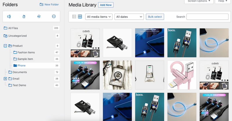 Sorting WooCommerce product images in folders in WordPress admin.