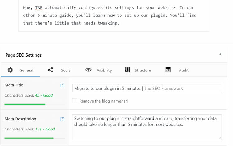 SEO Framework page SEO settings.