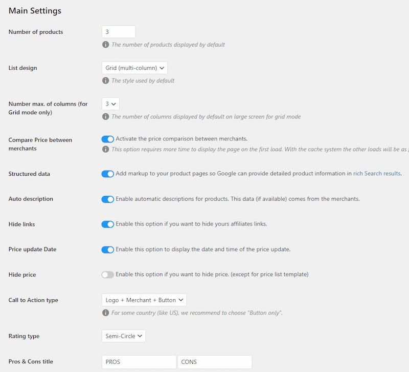 Affi AI main settings.