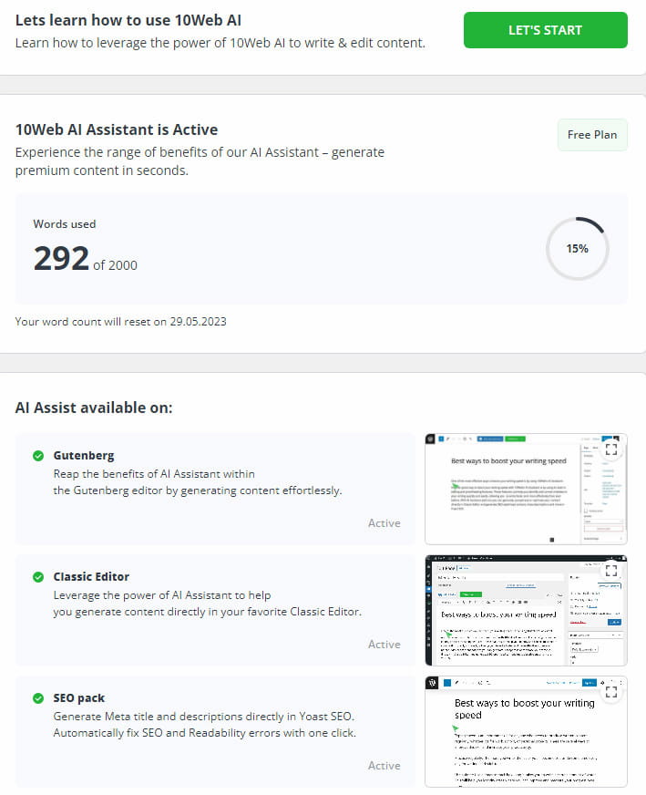 10Web Assistant AI WordPress dashboard.