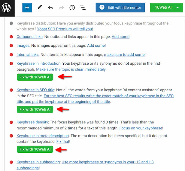 10Web Assistant SEO suggestions.