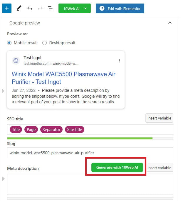 10Web Assistant SEO optimization via Yoast.