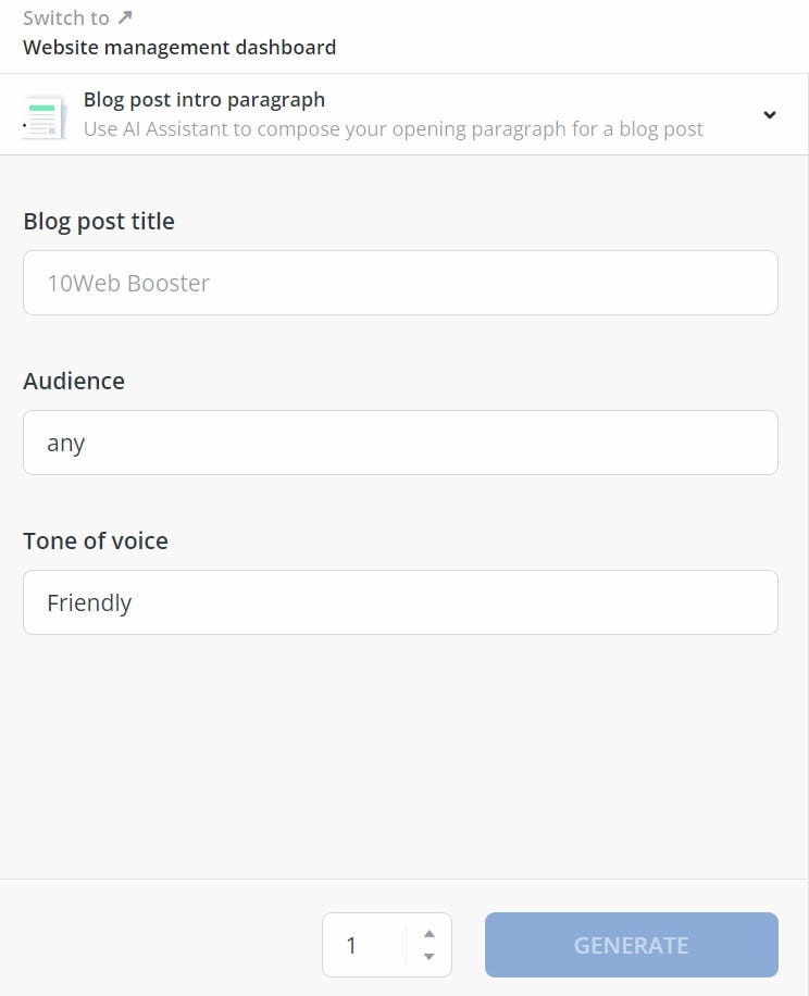 10Web AI Assistant tone and voice options.