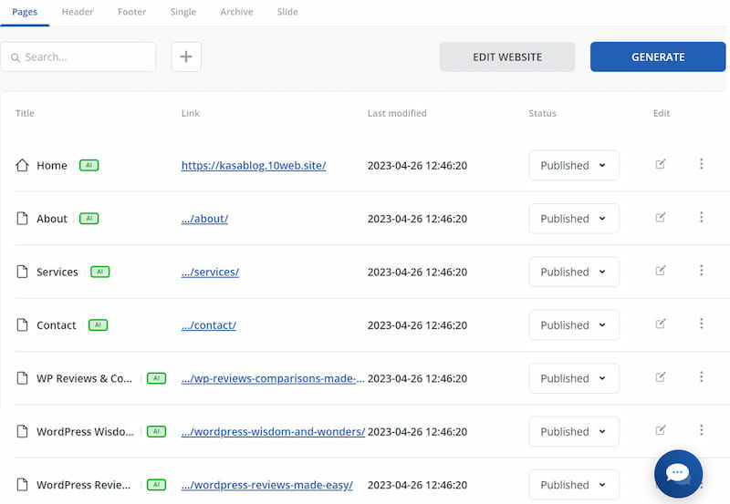 10Web site builder generating pages.