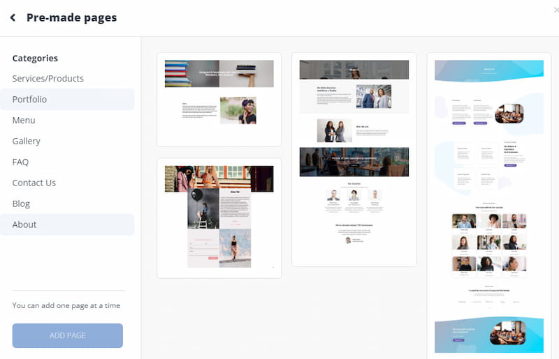 10Web AI builder premade pages.