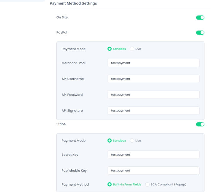 Payment settings BookingPress.