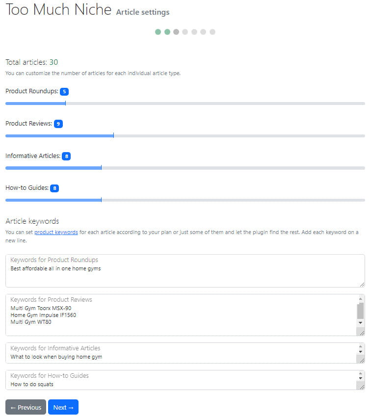 Too Much Niche WordPress plugin article settings.