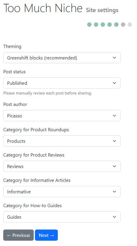 Too Much Niche site settings.