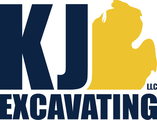 KJ Excavating LLC logo with construction equipment in the background.