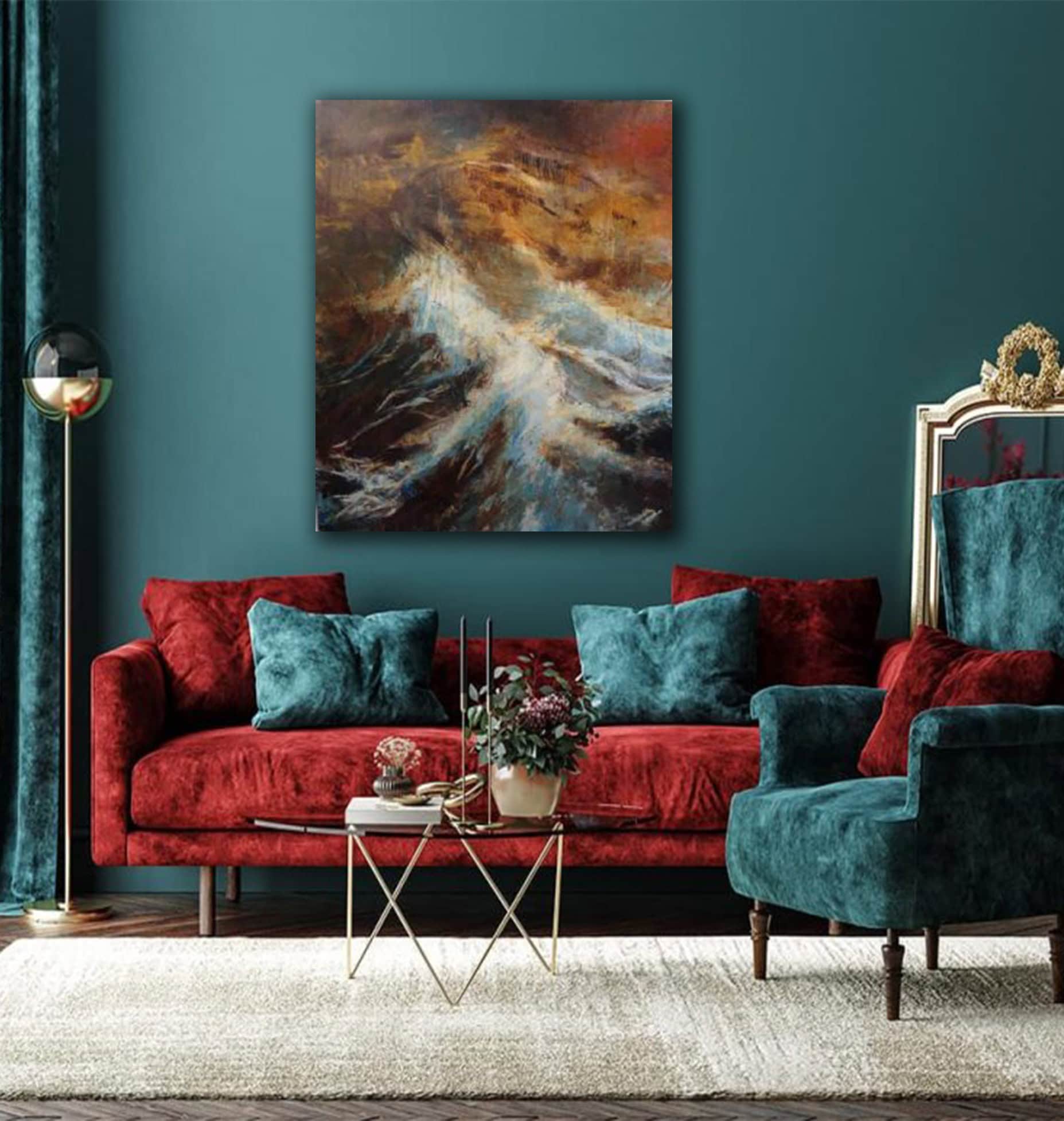 Abstract expressionist painting "From the Head to the Heart" with bold brushstrokes, vibrant colours. The swirling blues and whites, reminiscent of a tempestuous sea, mirror the often chaotic path from logical thought to heartfelt feeling.