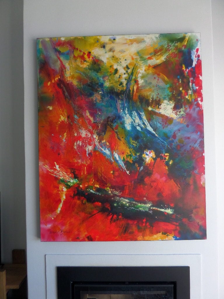 Contemporary abstract oil painting titled "Washing over Me" by Leonie.e.Brown, featuring dynamic blue and red brushstrokes evoking movement and emotion.