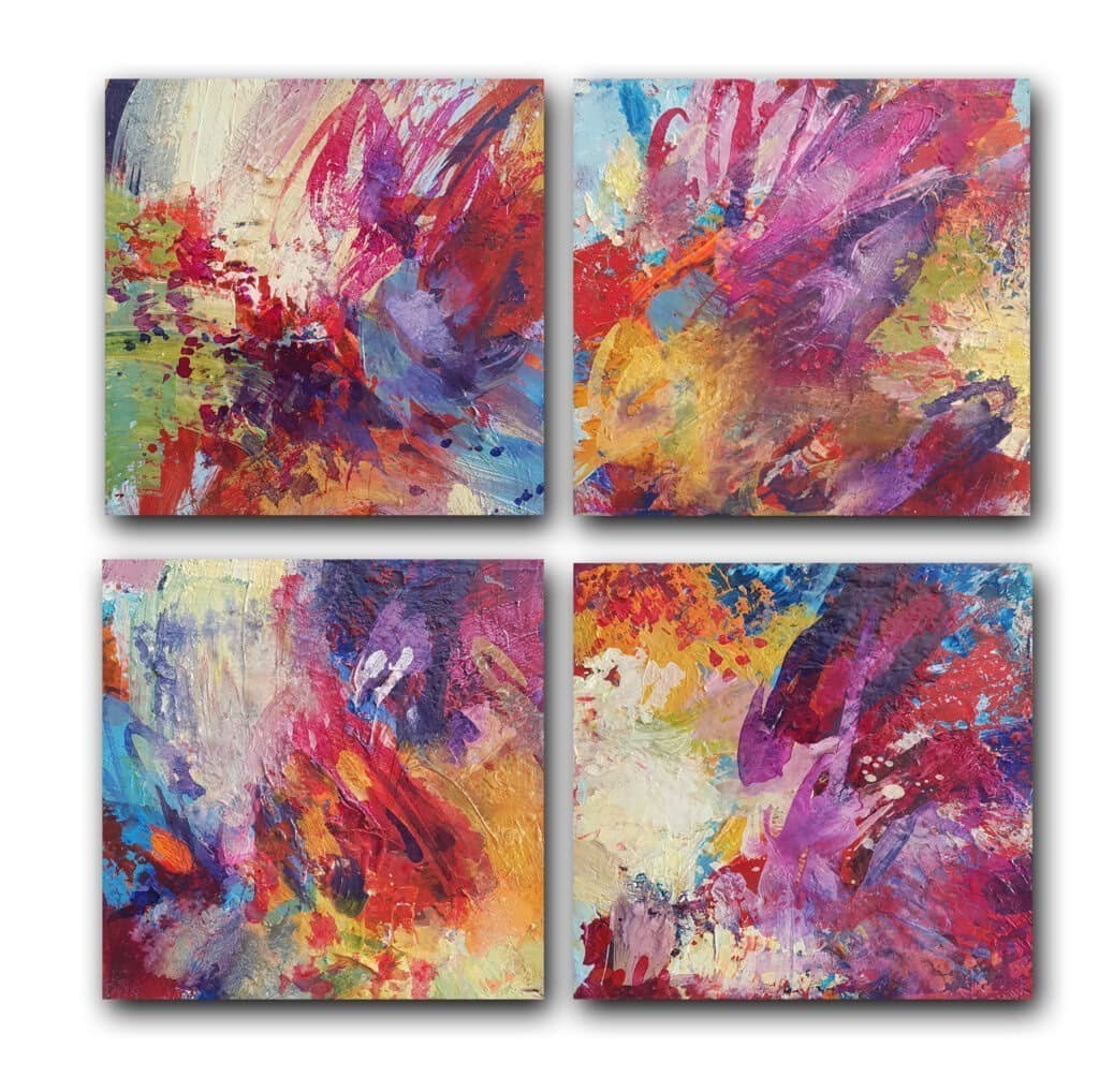The image depicts an abstract expressionist painting with vibrant colors and energetic brushstrokes. It showcases a dynamic composition with bold swaths of red, pink, orange, purple and blue hues intermingled in a tapestry-like manner. The paint application ranges from thick, textured impasto to thin, fluid strokes, creating a sense of movement and depth. The overall effect evokes a lively, emotional and expressive quality characteristic of the abstract expressionist style.