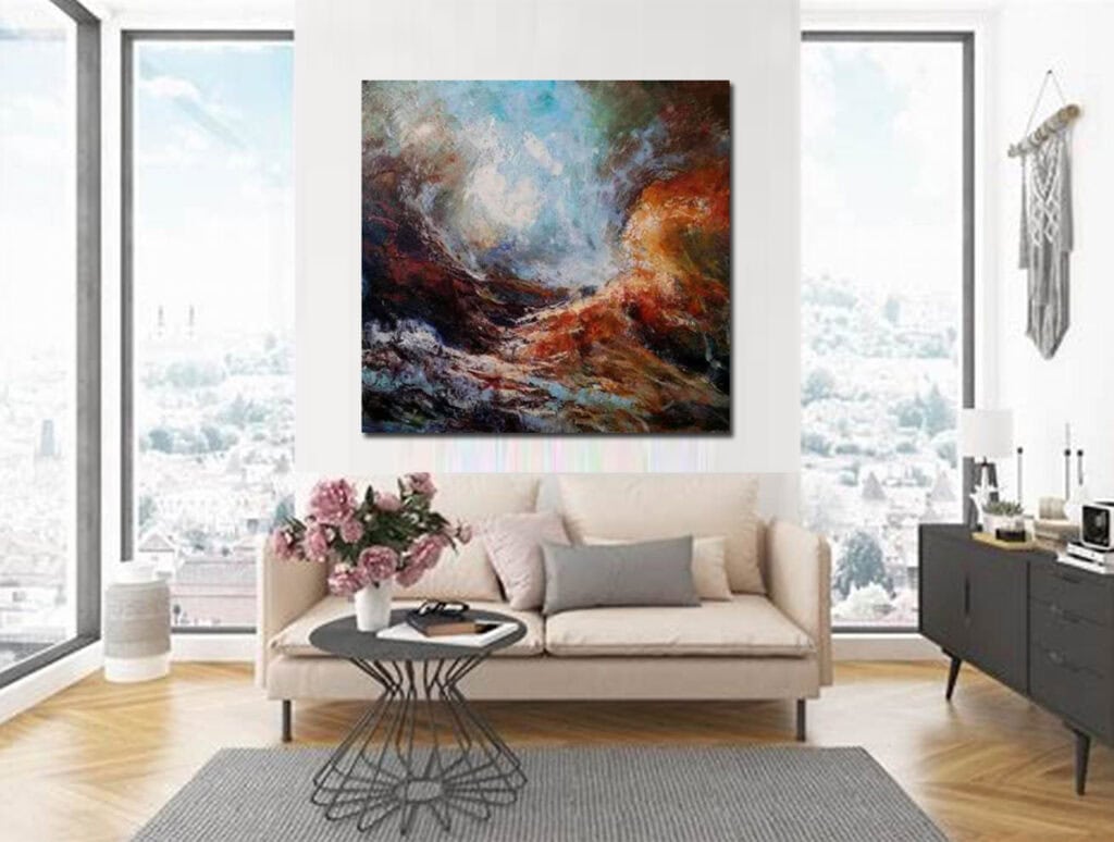'Alive and Swimming', abstract expressionist painting by Leonie.e.Brown Artist featuring dynamic swirling movements in rust, turquoise, and cream oils with cold wax medium on 120x140cm canvas. The fluid composition creates wave-like motions and underwater currents, suggesting aquatic life through contemporary abstract techniques from Abstract Expressionism collection.