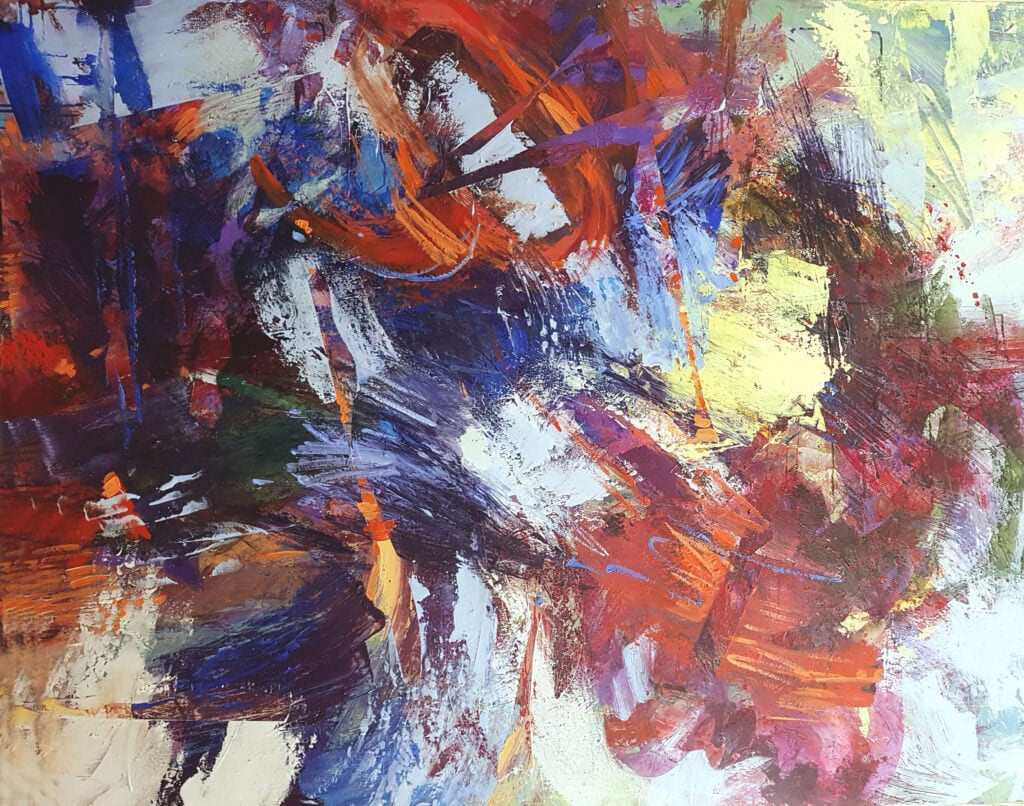 'Grasping Life', an abstract encaustic painting by Leonie.e.Brown Artist featuring layered textures of coral, blue, white, and purple in cold wax mixed media on 120x150cm canvas from Abstract Expressions collection.
