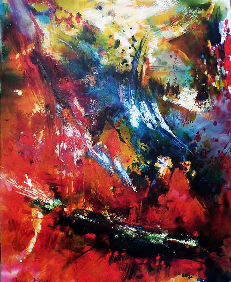 Washing Over Me abstract expressionist painting by Leonie.e.Brown Artist featuring explosive bursts of red, blue, yellow, and green in oils and cold wax medium on 150x120cm canvas. Bold gestural brushstrokes and paint splatters create dynamic energy cascading across the surface, evoking powerful emotions through contemporary abstract techniques from Abstract Expressionism collection.