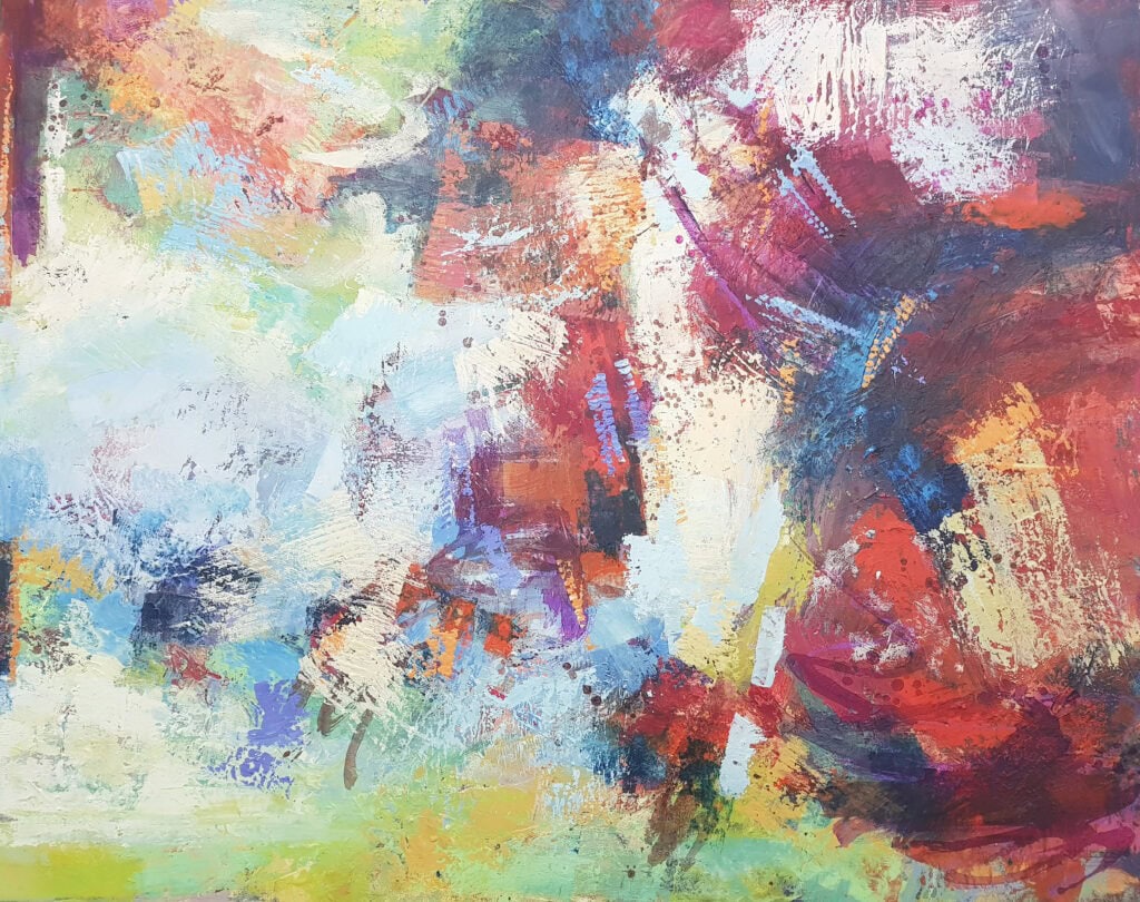 I might Have life abstract encaustic painting by Leonie.e.Brown Artist featuring layered textures of coral, blue, white, and purple in hot wax mixed media on 120x150cm canvas from Abstract Expressions collection