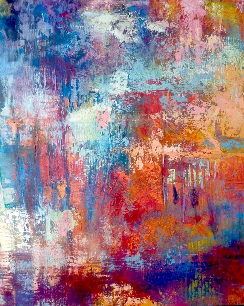 'Jealous for my Heart', abstract oil painting by Leonie.e.Brown Artist featuring vibrant dripping colors of red, blue, orange, and purple in cold wax medium on 127x101cm canvas from Abstract Expressions collection