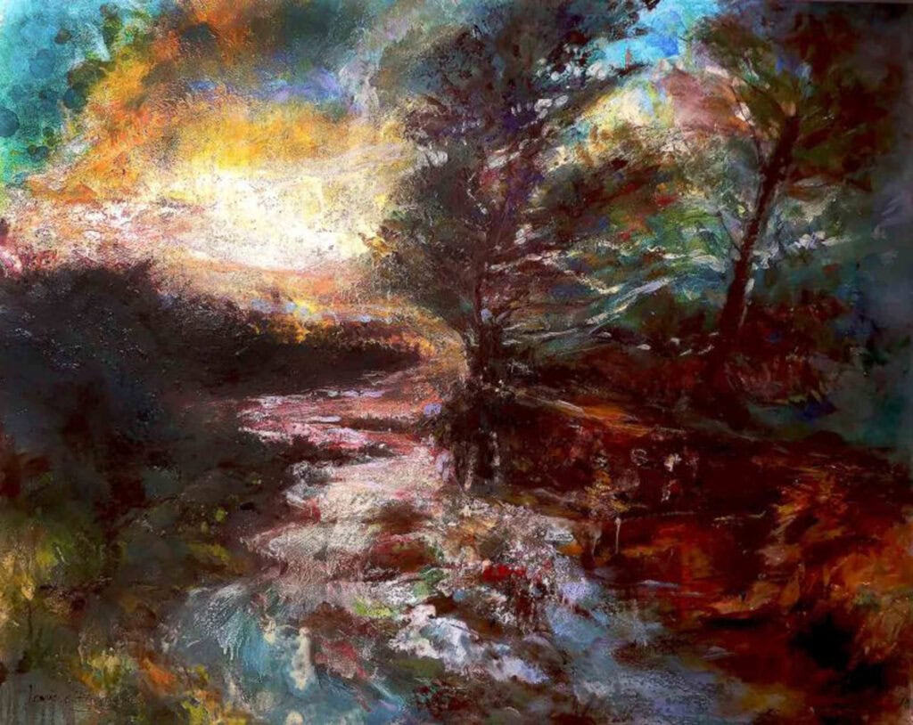 Impressionistic oil and cold wax painting, 'Light Shines in the Darkness,' by Leonie.e.Brown, featuring a luminous blue and yellow early morning landscape with a flowing river, rich red and earth tones, and deep, tactile textures.