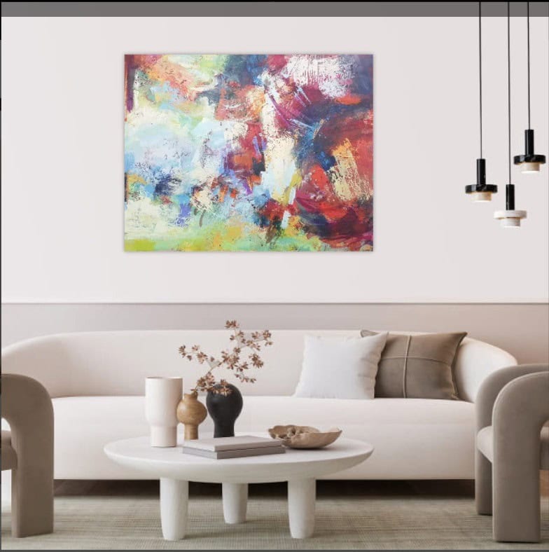 I might Have life abstract encaustic painting by Leonie.e.Brown Artist featuring layered textures of coral, blue, white, and purple in hot wax mixed media on 120x150cm canvas from Abstract Expressions collection