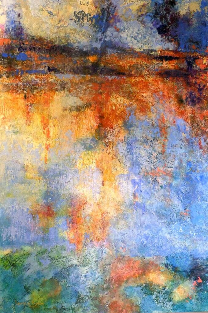 'The secret Place', abstract expressionist painting by Leonie.e.Brown Artist featuring luminous orange, blue, and golden textures in oils and cold wax medium on 180x120cm canvas. Rich impasto technique creates atmospheric layers suggesting hidden landscapes within the contemporary abstract composition from Abstract Expressionism collection.