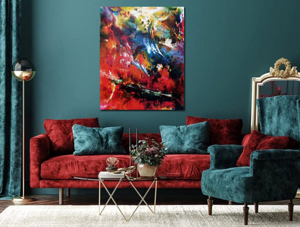 Washing Over Me abstract expressionist painting by Leonie.e.Brown Artist featuring explosive bursts of red, blue, yellow, and green in oils and cold wax medium on 150x120cm canvas. Bold gestural brushstrokes and paint splatters create dynamic energy cascading across the surface, evoking powerful emotions through contemporary abstract techniques from Abstract Expressionism collection.