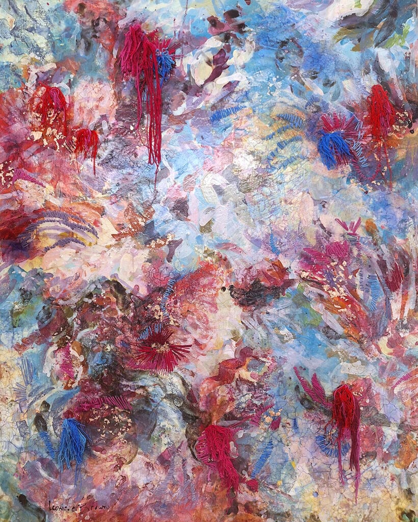 "Contemporary mixed media oil painting 'Remnants and Remembering' by Leonie.e.Brown, featuring an abstract composition with vibrant red, blue, and pink thread-like elements woven throughout textured layers of paint and wax. Mixed media artwork combining oil, cold wax, resin, threads, and stitching with explosive color palette of reds, blues, purples, and whites creating dynamic movement and organic forms. 101.5 × 120 cm portrait format piece showcasing contemporary abstract art with innovative textile integration and rich impasto textures exploring themes of memory, connection, and artistic storytelling through layered mixed media techniques.