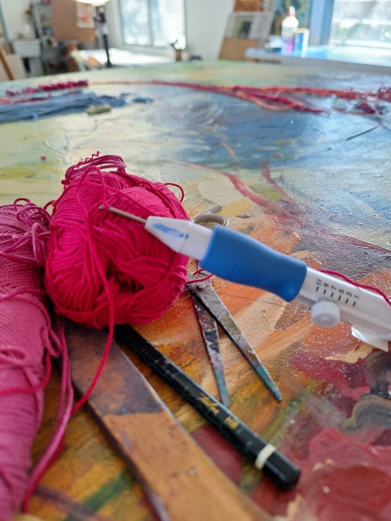 Mixed-media abstract painting with thread stitching connecting abstract layers by @Leonie.e.Brown Artist