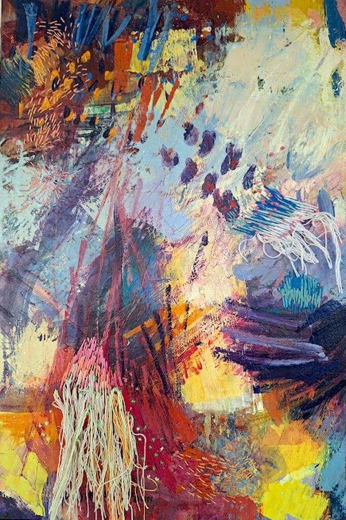 Original abstract painting titled Life Untamed by Cape Town artist Leonie E. Brown, created with oil, cold wax and handstitched embroidery thread.