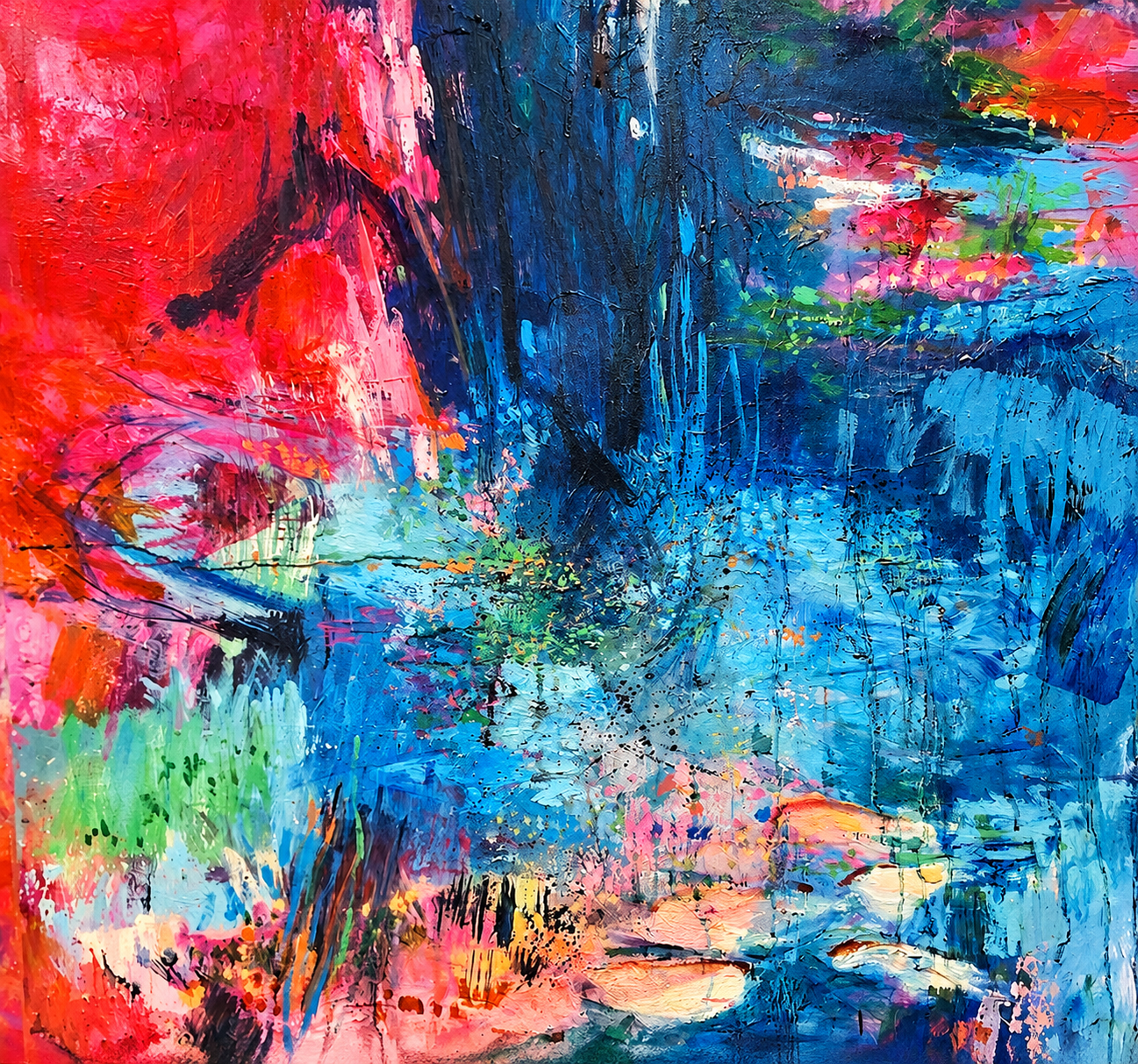 Abstract painting with dynamic, expressive brushstrokes featuring vibrant deep pinks, reds, and bright blues blending with turquoise, soft green, and coral tones on a textured surface.