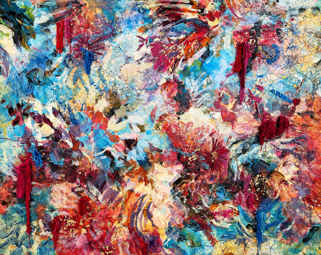 Large-scale contemporary abstract expressionist painting featuring complex layers of oil paint, translucent resin, and intricate hand-stitched crimson and blue embroidery thread by Cape Town artist Leonie E. Brown.