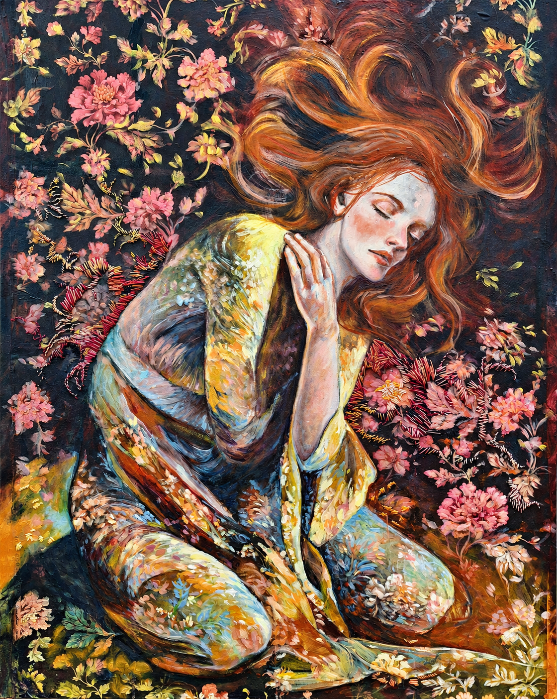 Surrender, 120 × 150 cm, contemporary figurative painting in oil and cold wax with embroidery thread by Leonie E. Brown