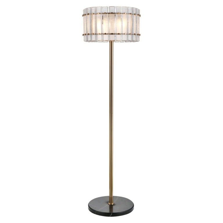 Sendinto žalvario spalvos toršeras Feline su stiklo gaubteliais, 48 cm skersmens, 168 cm aukščio