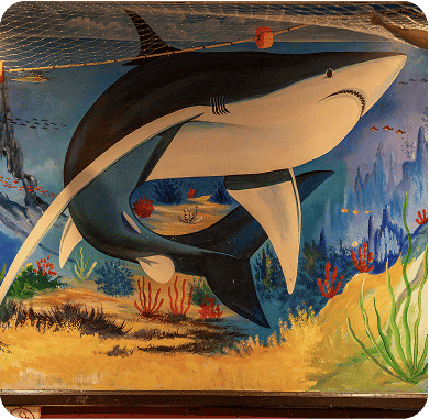 Colorful shark painting with underwater scene and coral reef.