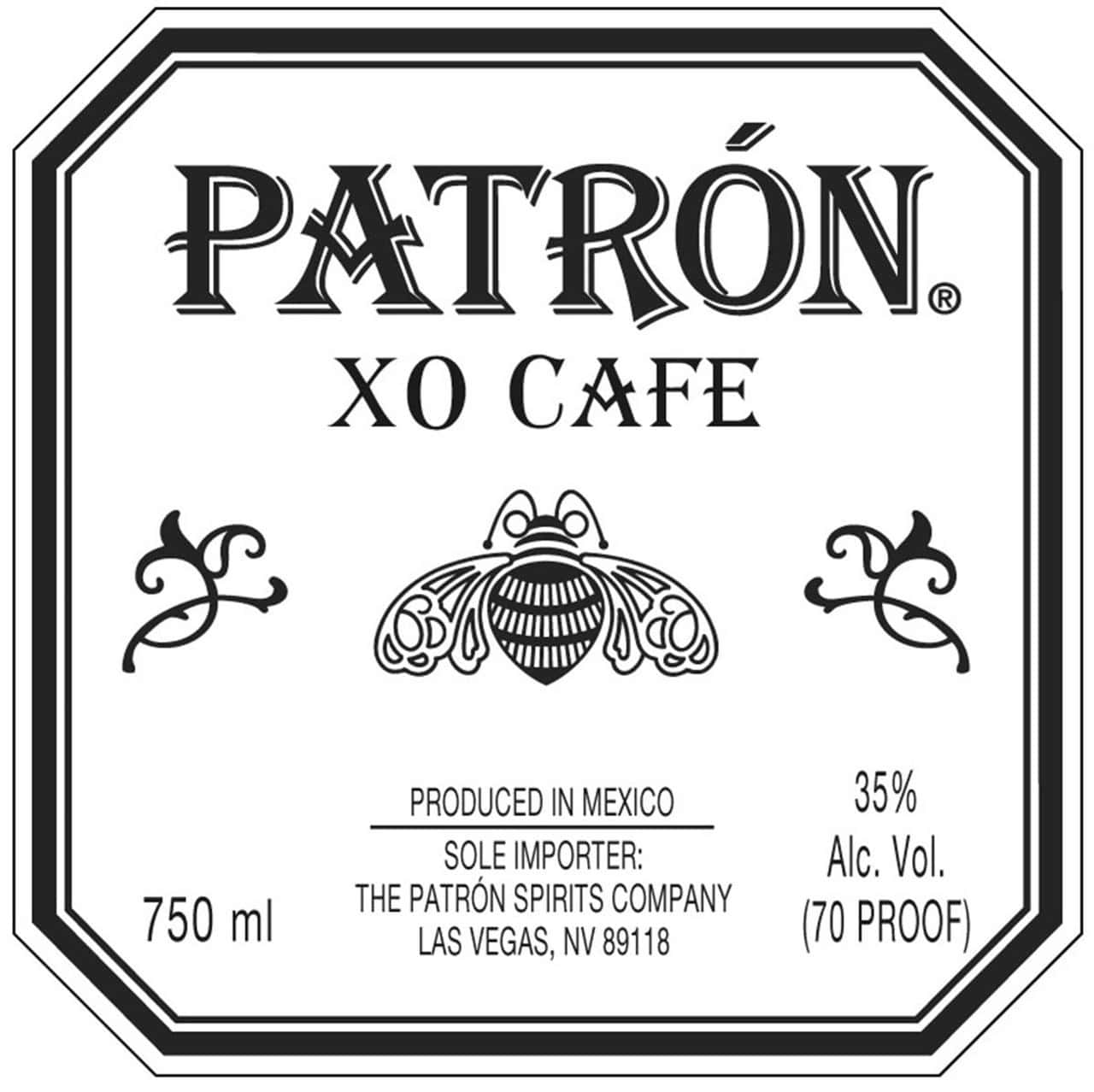 Patrón XO Cafe dark liquor label with bee and decorative elements.