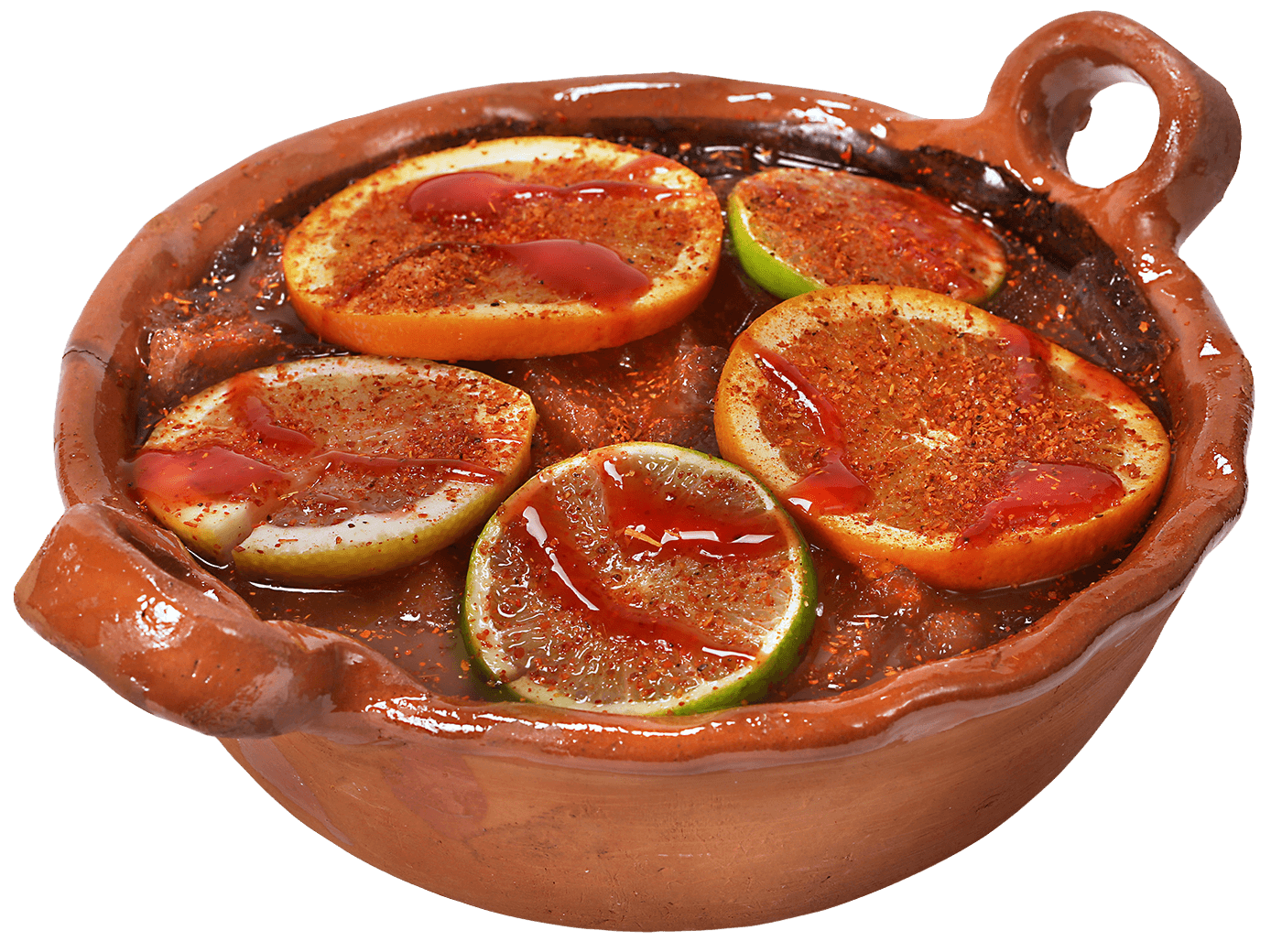 Mexican salsa with lime slices in a rustic clay bowl.