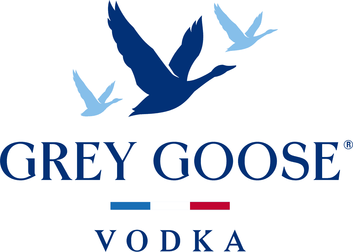 Grey Goose vodka logo featuring flying geese and French flag colors.
