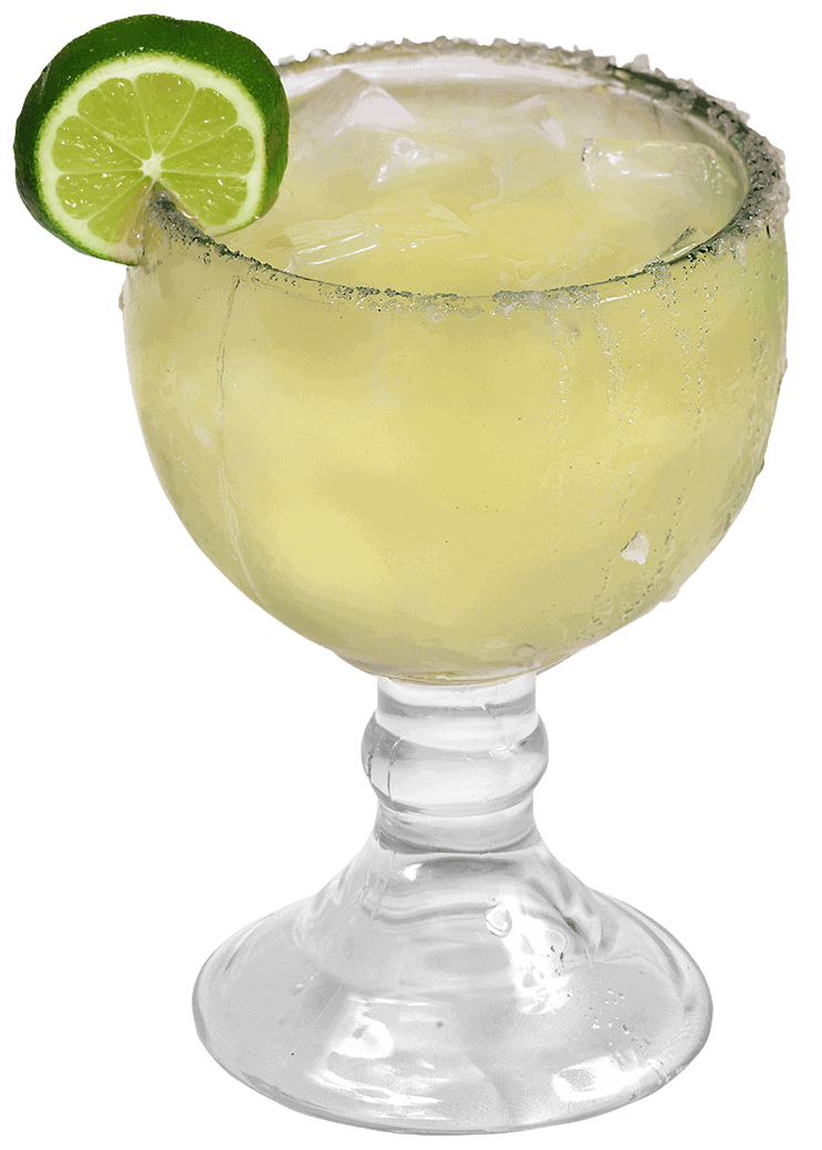 Refreshing margarita mangoneada with lime slice in a glass.