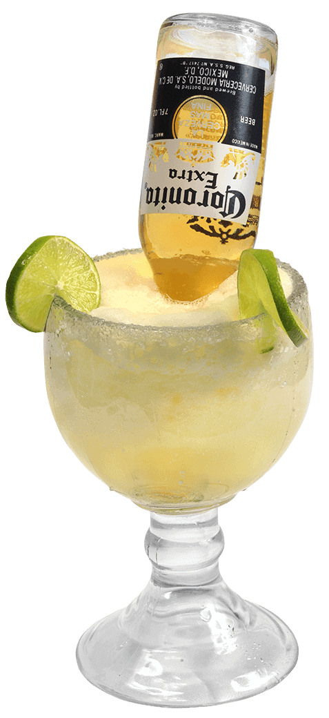 Refreshing margarita mangoneada with Corona beer and lime slices.