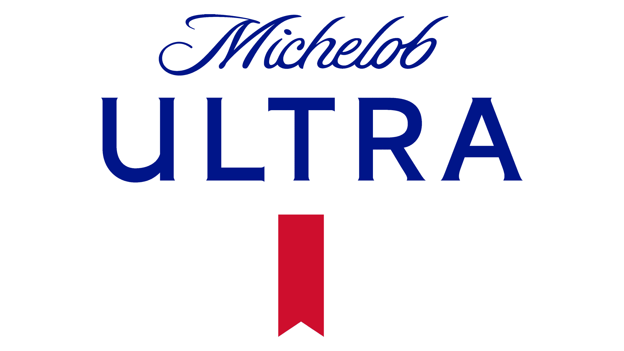 Michelob Ultra logo featuring blue text and a red ribbon.