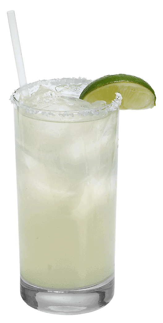 Cold lime margarita in a glass with lime wedge and straw for Margarita Mangoneada.