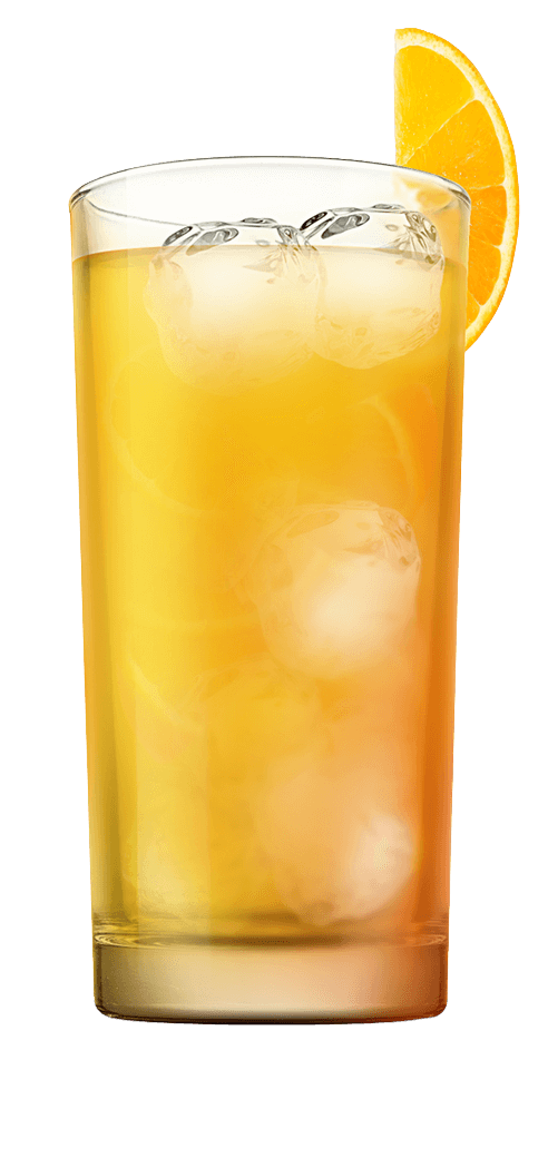Cold orange lemonade with ice cubes and a lemon wedge.