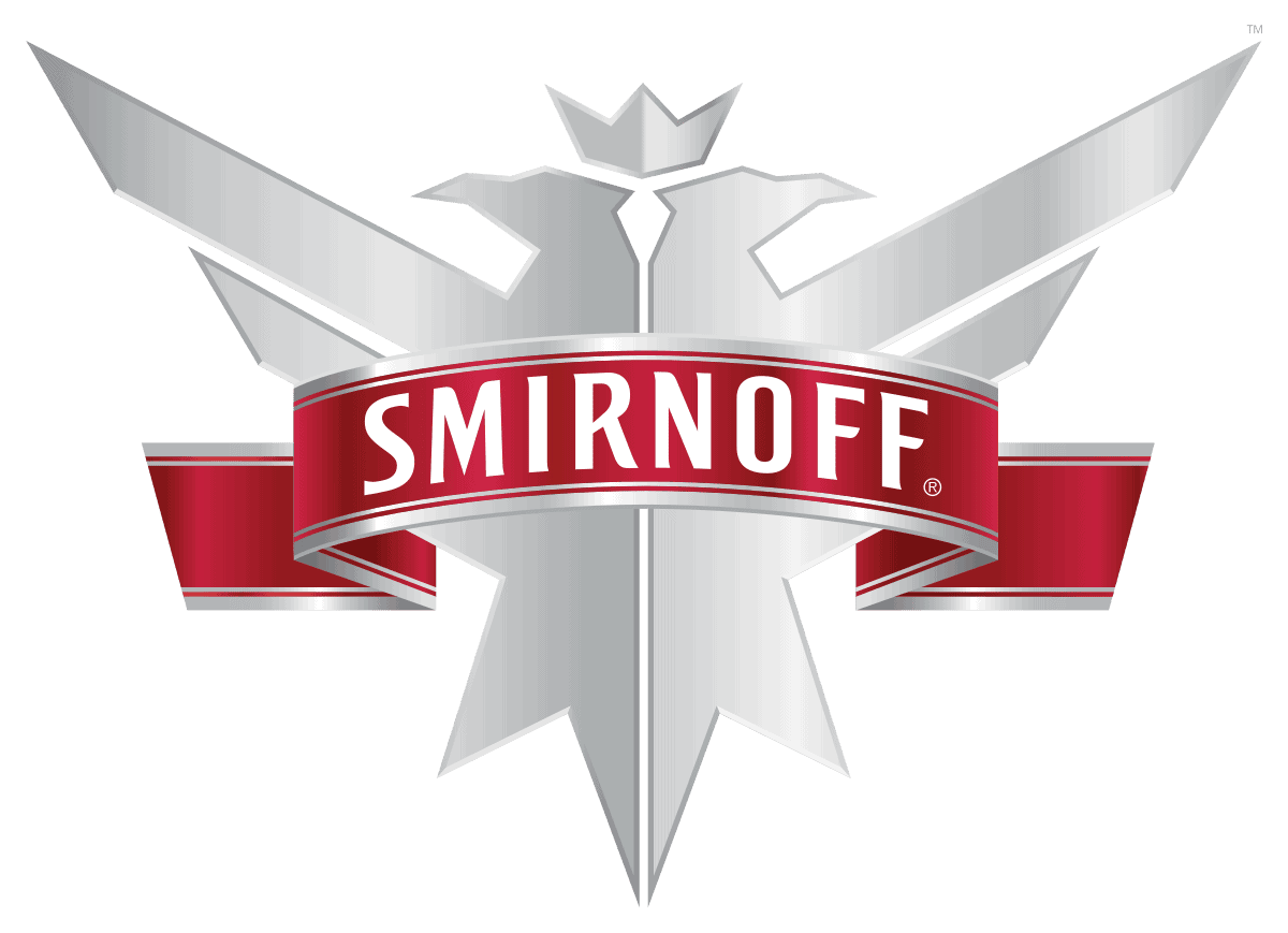 Smirnoff logo featuring a silver eagle with a red banner.