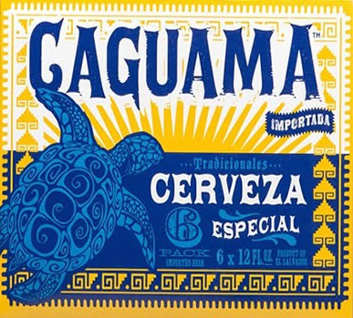 Gaguama traditional beer label with blue and yellow design and a stylized turtle.