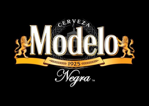 Negra Modelo beer logo with lions and gold accents on black background.