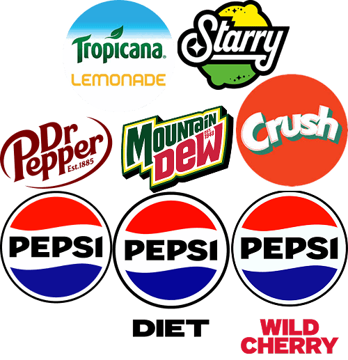 Variety of soda brands including Tropicana Lemonade, Starry, Crush, Dr. Pepper, Mountain Dew, and PE.
