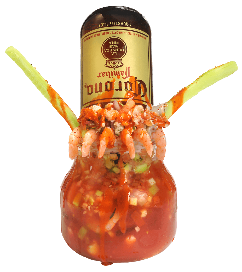 Unique Bloody Mary with beer can, celery, and shrimp garnish for cocktails.